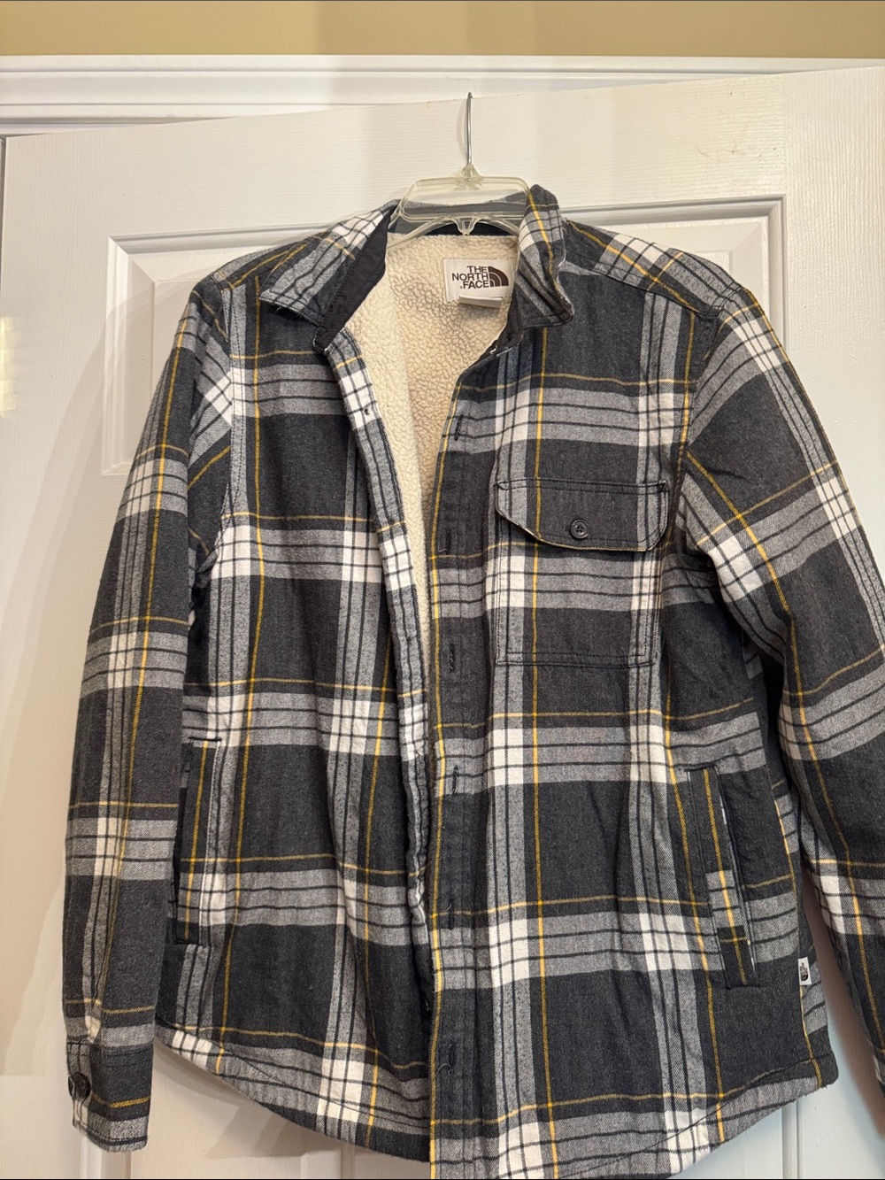 The North Face Men’s Gray, White & Yellow Plaid Sherpa-Lined Shirt Jacket